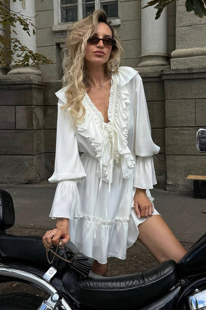 V-Neck Lace-Up Ruffle Trim Balloon Sleeve Mini Dress