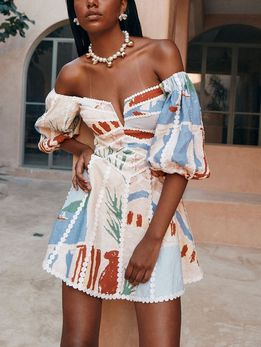 Off Shoulder Puff Sleeve Lace Trim Coastal Print Mini Dress