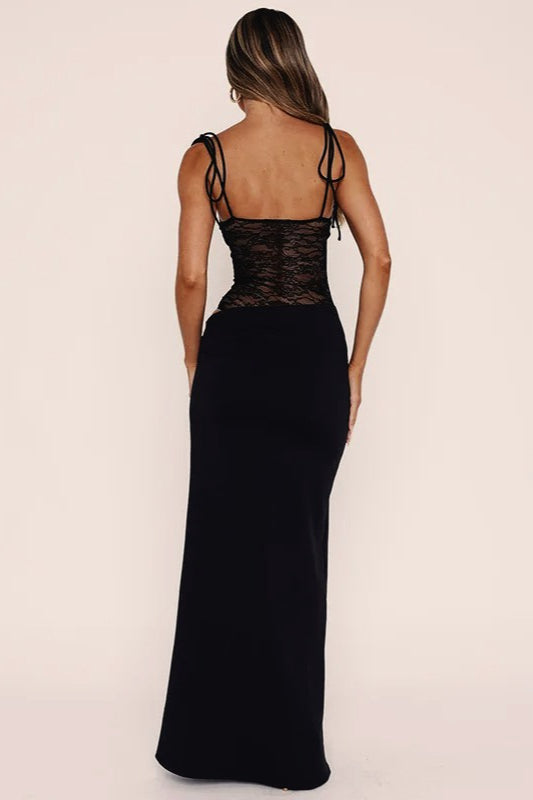 Halter Neck Sheer Lace Panel Cut Out Hip Satin Maxi Dress