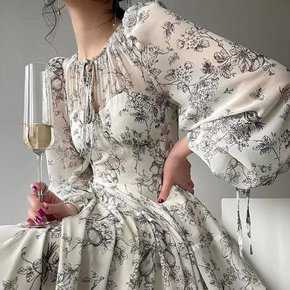 Keyhole Neck Puff Sleeve Botanical Toile Print Tiered Maxi Dress