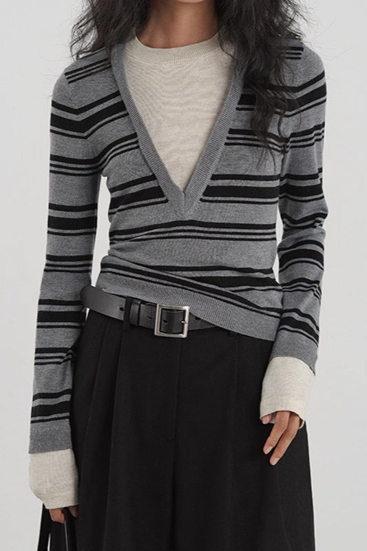 Striped Contrast Panel Deep V-Neck Knit Top