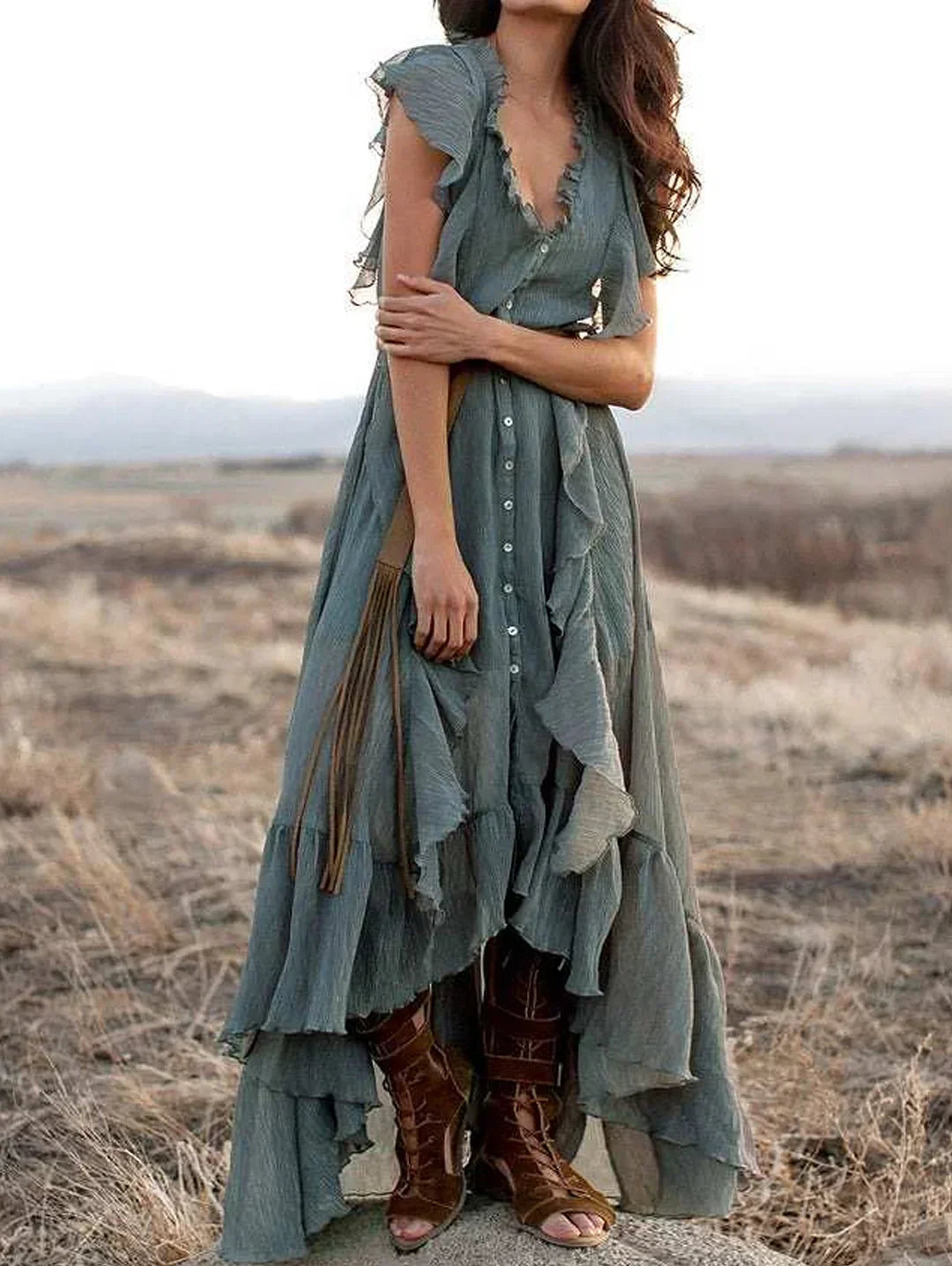 V Neck Ruffle Trim Button Front Fringe Belt Tiered Maxi Dress