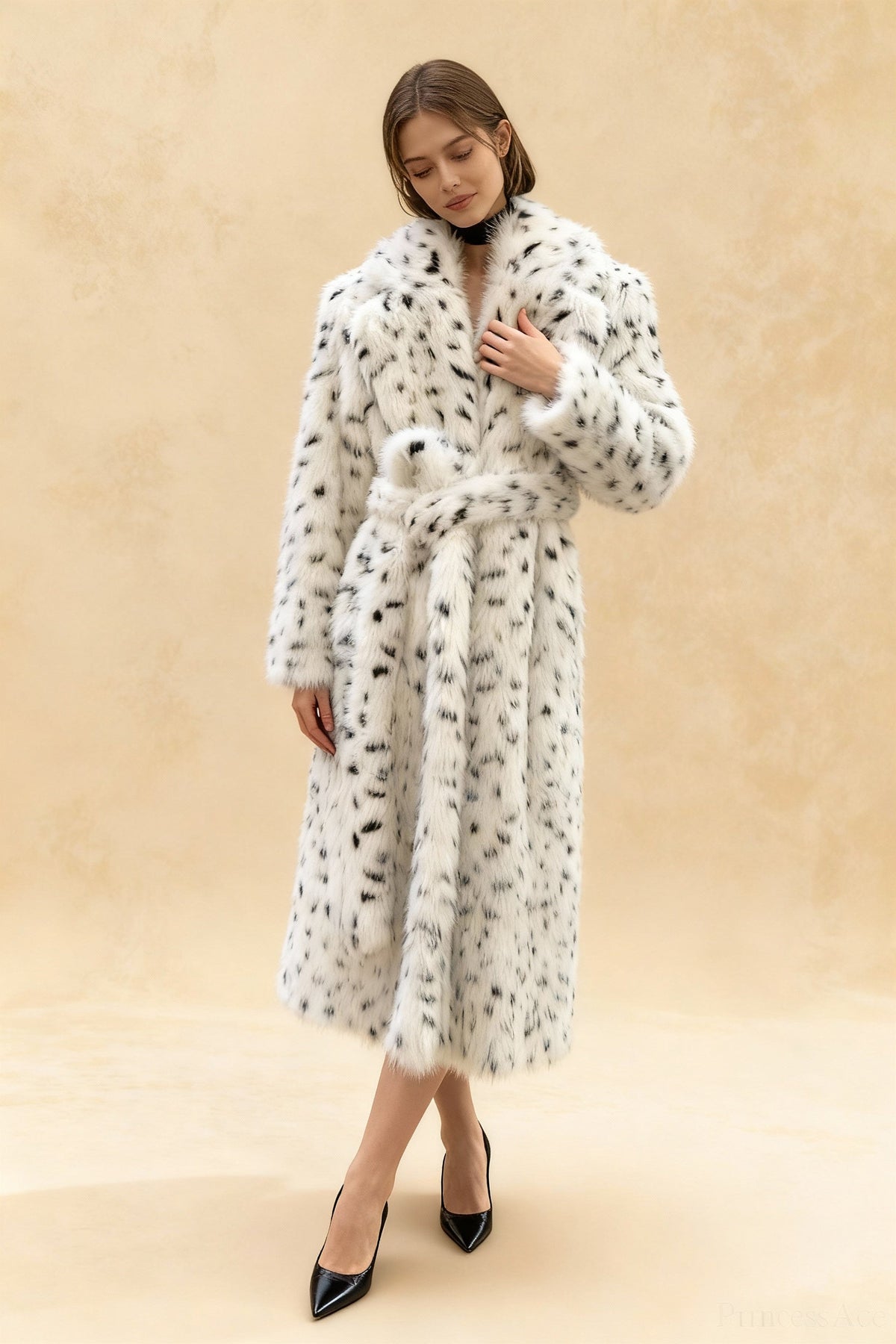 leopard print Warm Faux Fox Fur Notched Collar Loose Overcoat