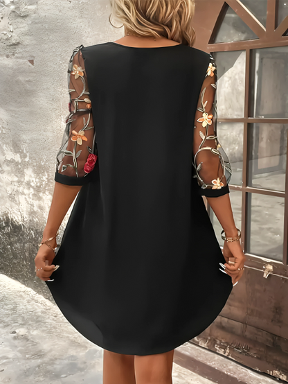 Round Neck Keyhole Sheer Mesh Floral Embroidered Sleeve Shift Mini Dress