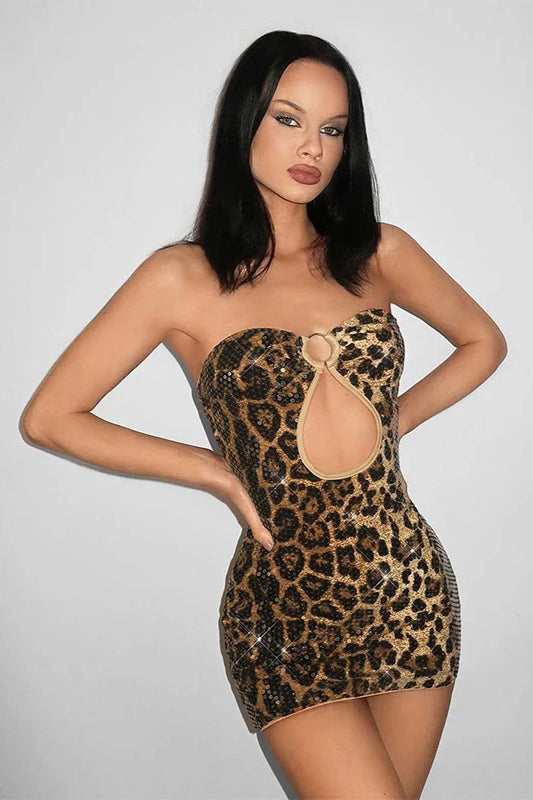 Print Sequin Strapless Keyhole O-Ring Bodycon Mini Dress