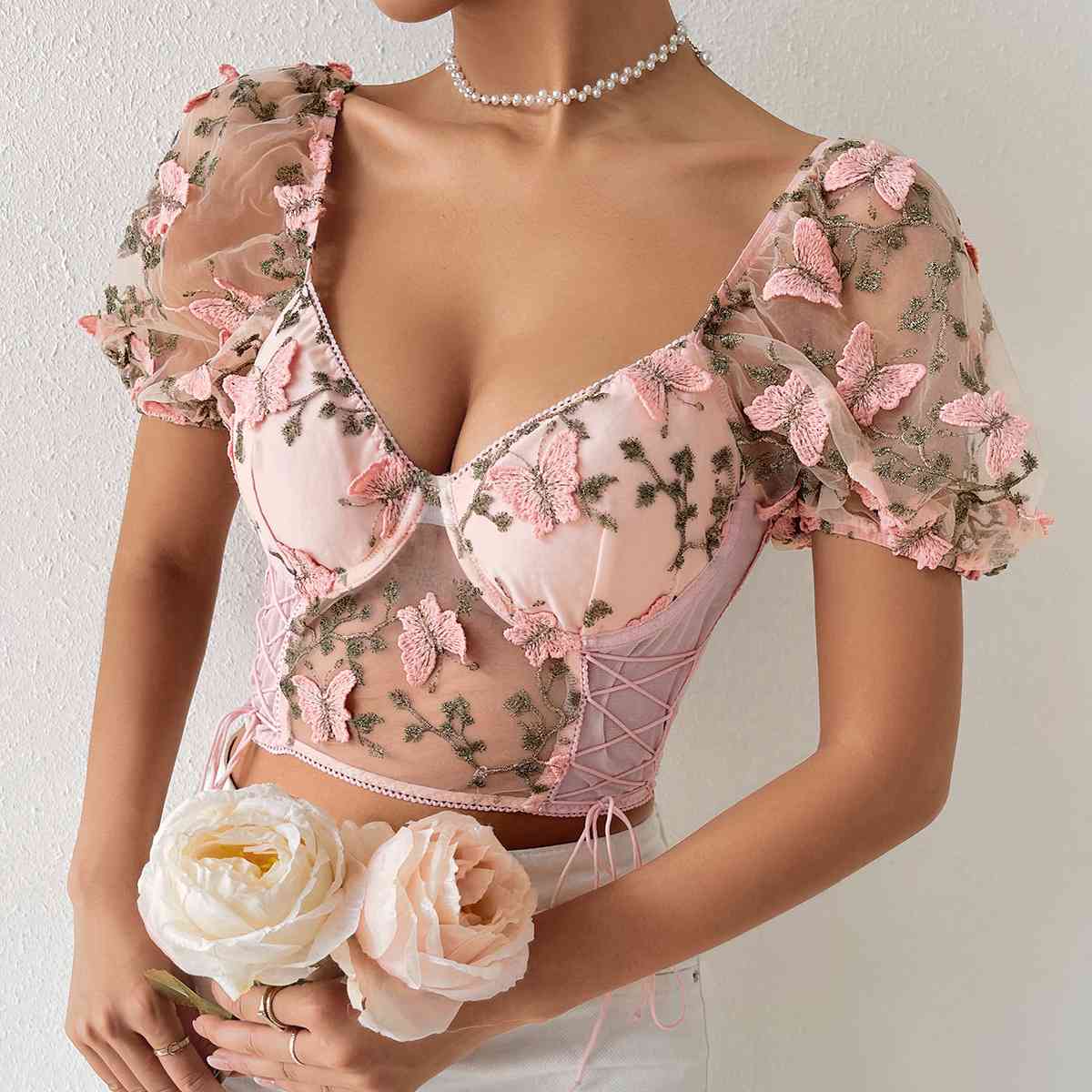 Butterfly Whispers Embroidery Charming Mesh Corset Top