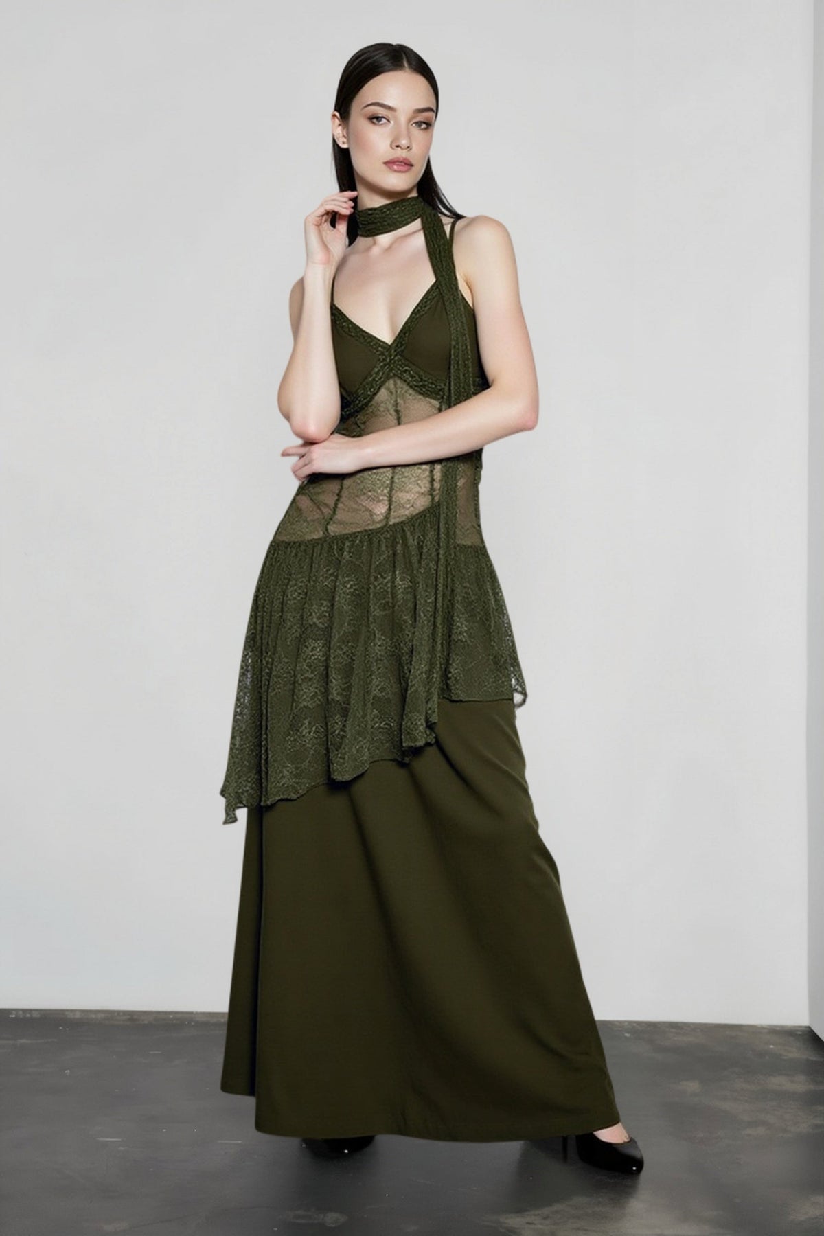 Lace Waist Sheer Overlay Tiered Scarf Neck Maxi Dress