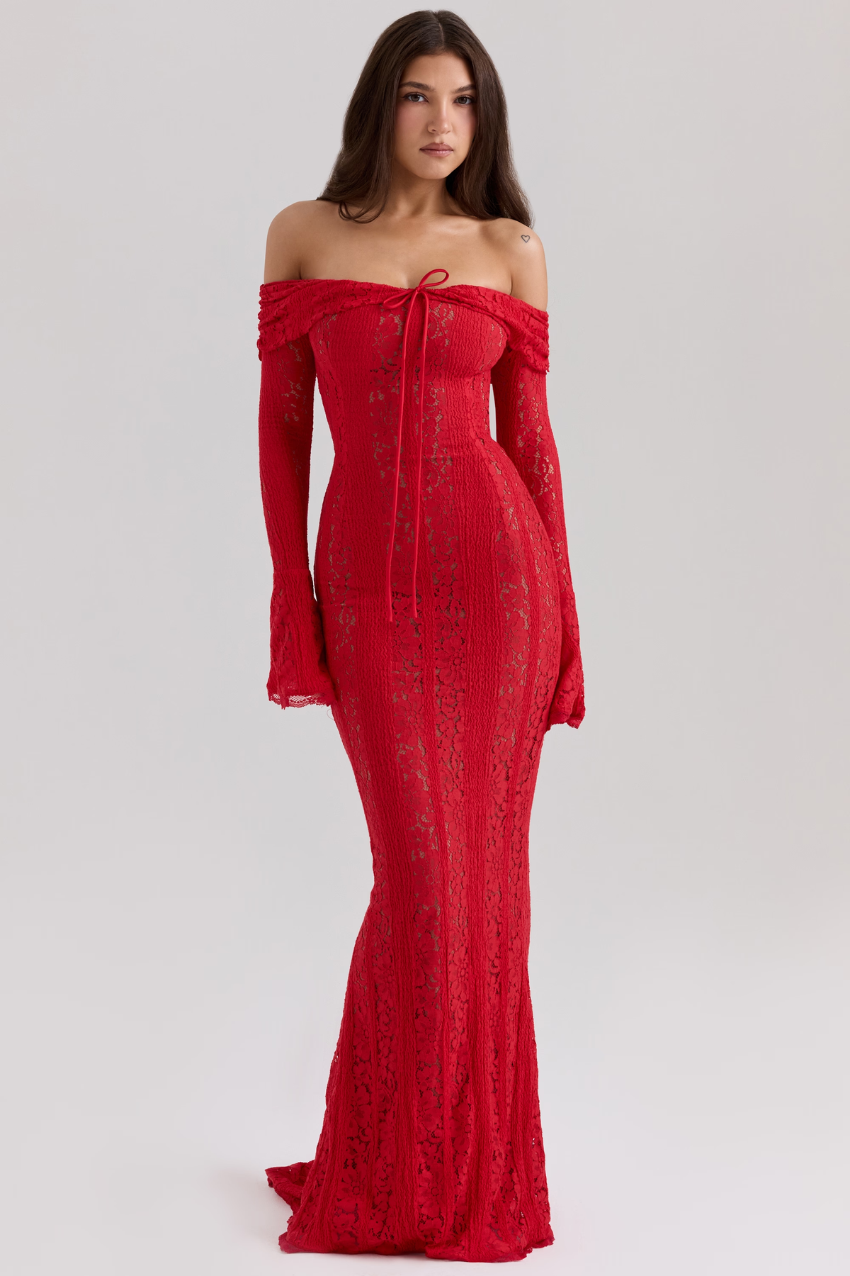 Off-Shoulder Lace Tie Front Bell Sleeve Mermaid Maxi Gown