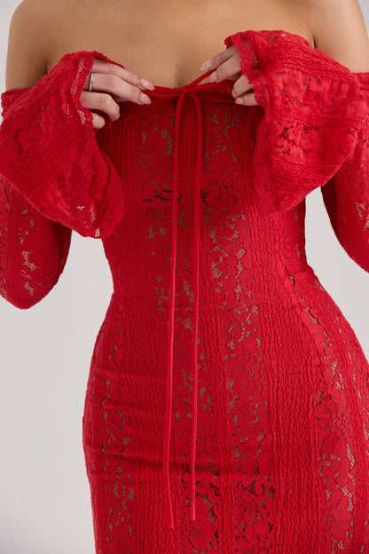 Off-Shoulder Lace Tie Front Bell Sleeve Mermaid Maxi Gown