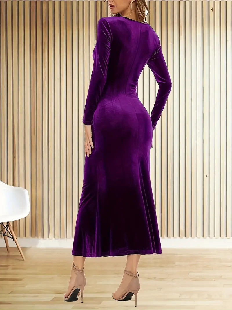 Purple Velvet Long Sleeve V-Neck Wrap Dress