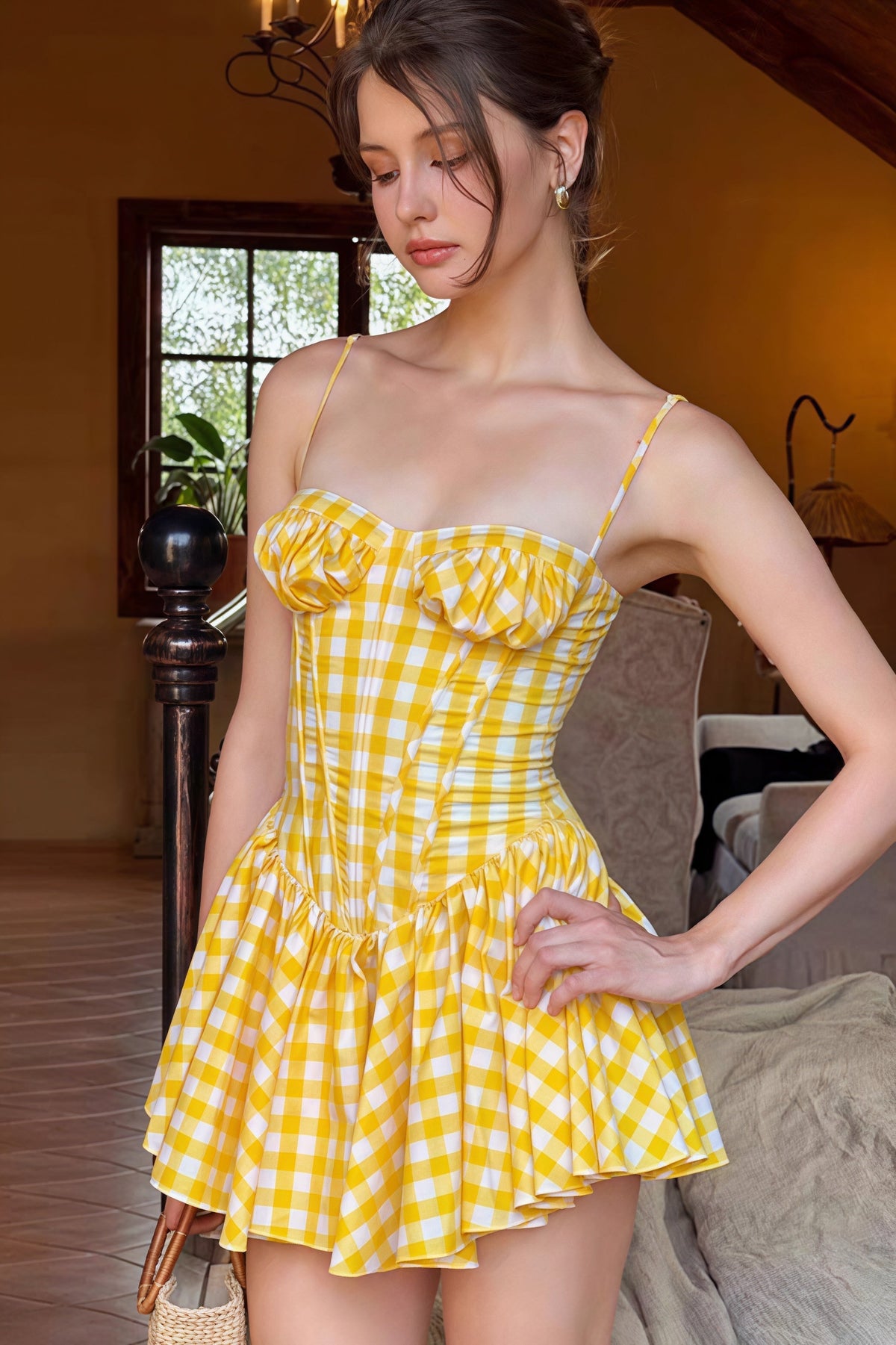 Gingham Corset-Boned Ruched Bust Flared Skater Mini Dress