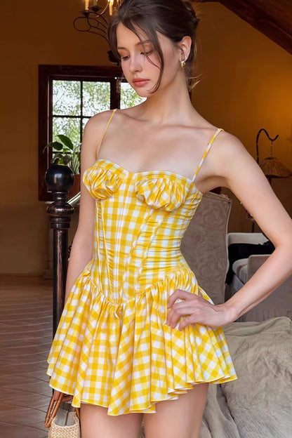 Gingham Corset-Boned Ruched Bust Flared Skater Mini Dress