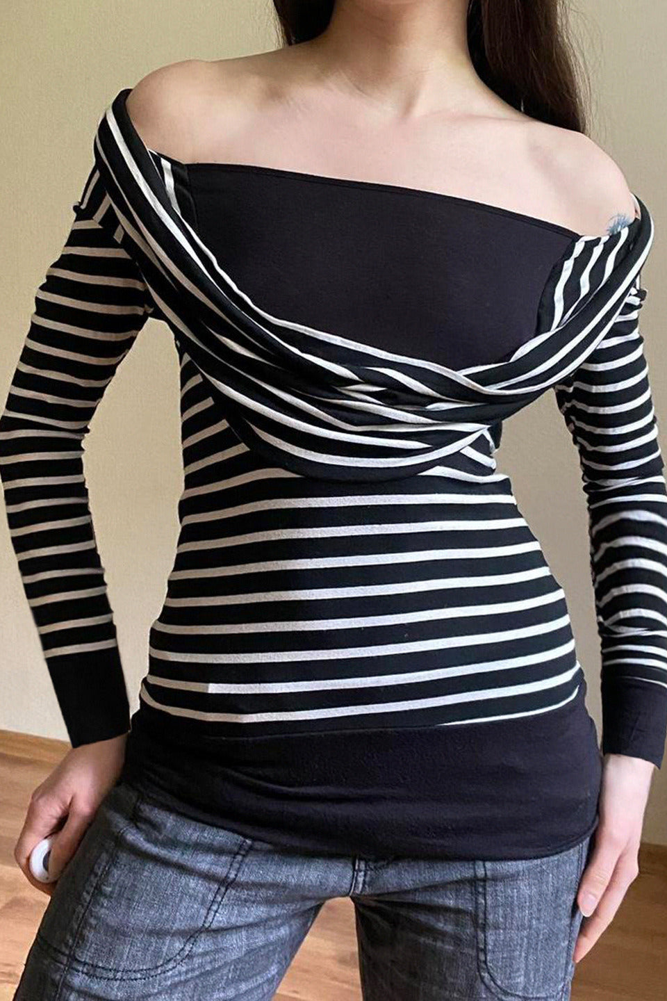 Fitted Striped Off Shoulder Long Sleeve Blouse