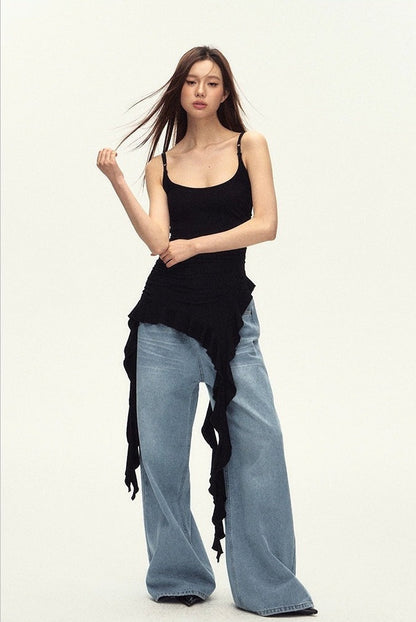 Ruched Asymmetric Black Cami Top