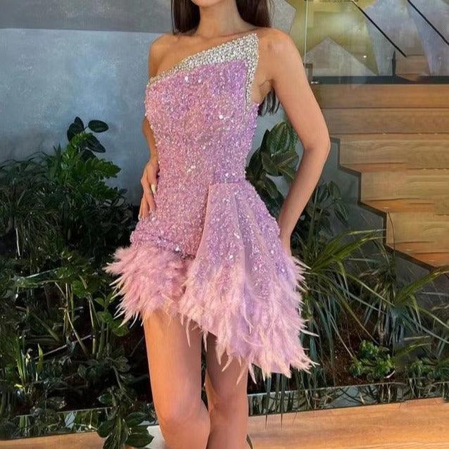 One Shoulder Rhinestone Trim Sequin Feather Hem Asymmetrical Mini Dress