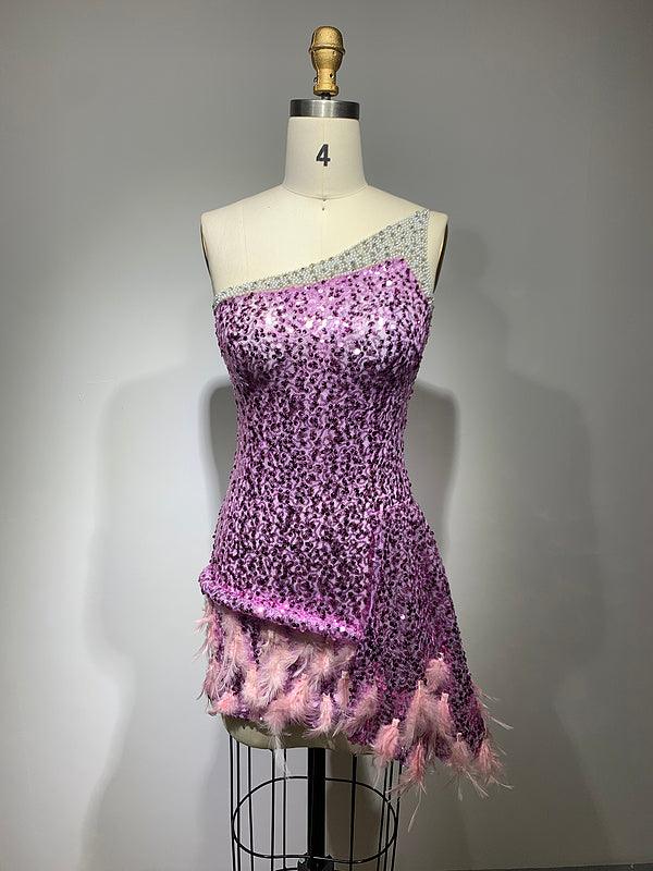 One Shoulder Rhinestone Trim Sequin Feather Hem Asymmetrical Mini Dress