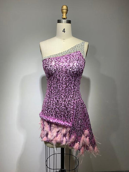 One Shoulder Rhinestone Trim Sequin Feather Hem Asymmetrical Mini Dress