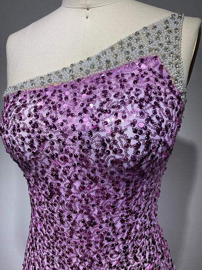 One Shoulder Rhinestone Trim Sequin Feather Hem Asymmetrical Mini Dress
