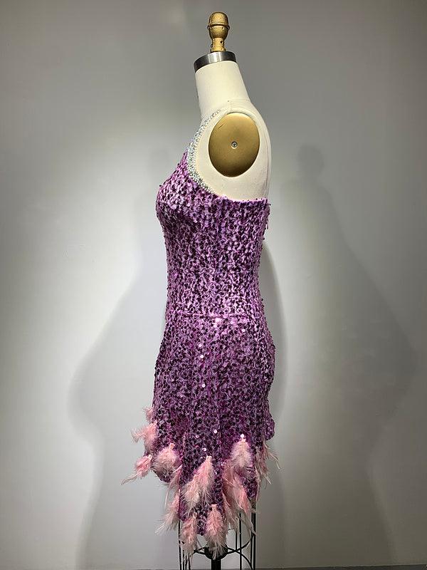 One Shoulder Rhinestone Trim Sequin Feather Hem Asymmetrical Mini Dress