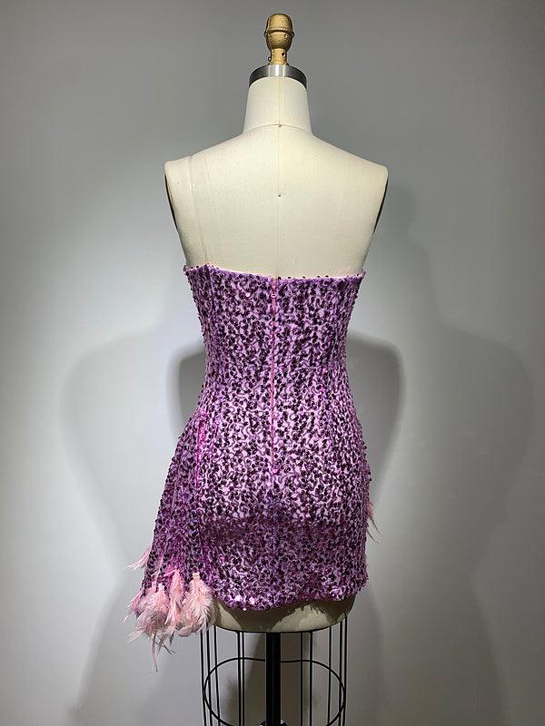 One Shoulder Rhinestone Trim Sequin Feather Hem Asymmetrical Mini Dress