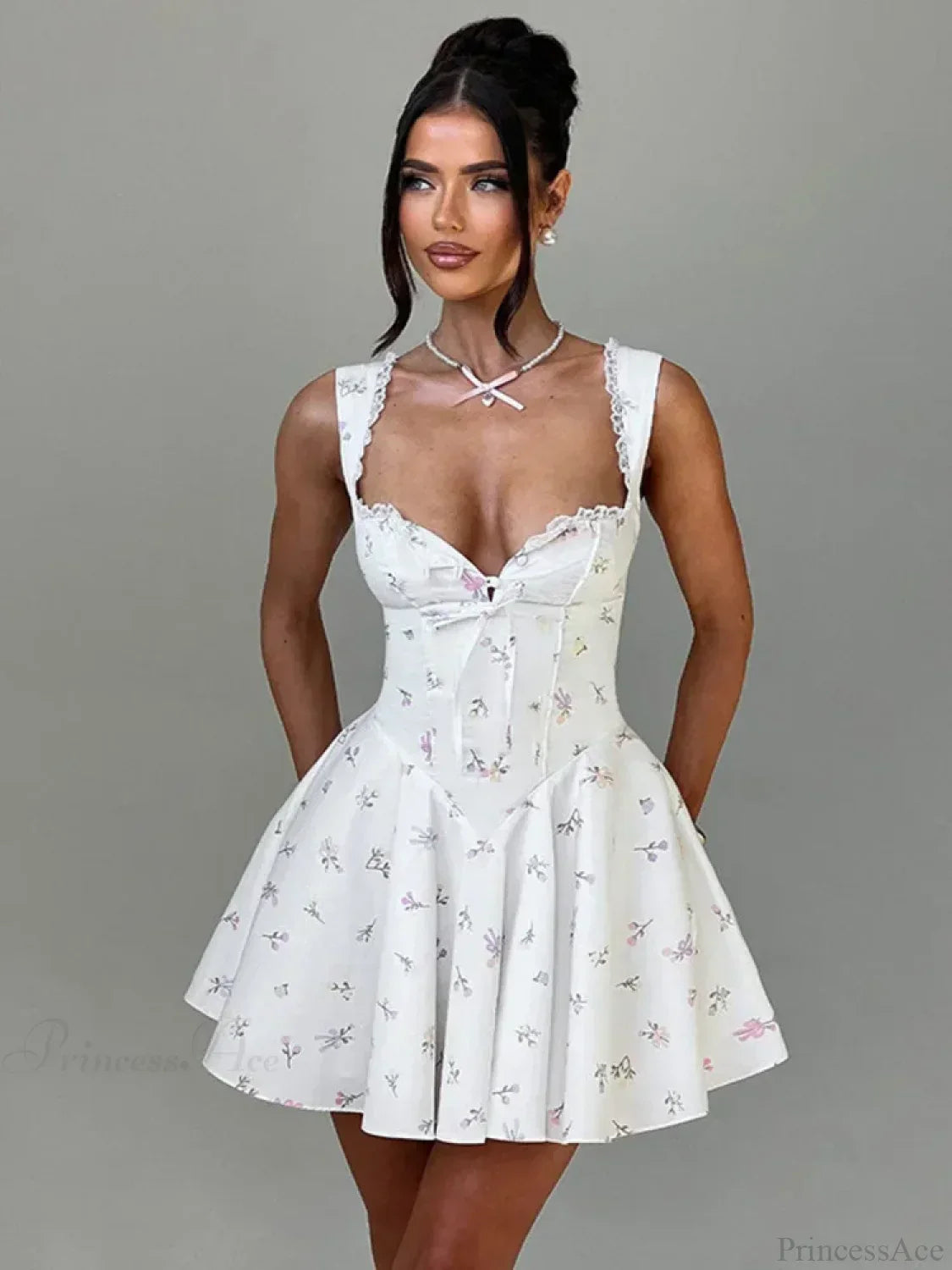 Ditsy Floral Lace Trim Corset Basque Waist Tie Front Skater Mini Dress