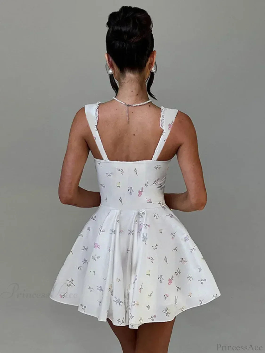 Ditsy Floral Lace Trim Corset Basque Waist Tie Front Skater Mini Dress