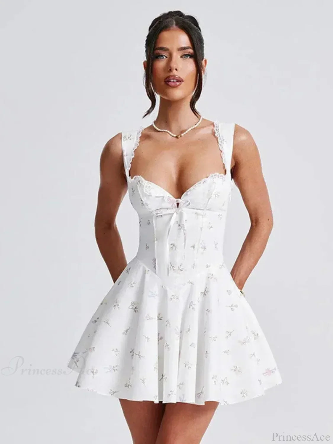Ditsy Floral Lace Trim Corset Basque Waist Tie Front Skater Mini Dress
