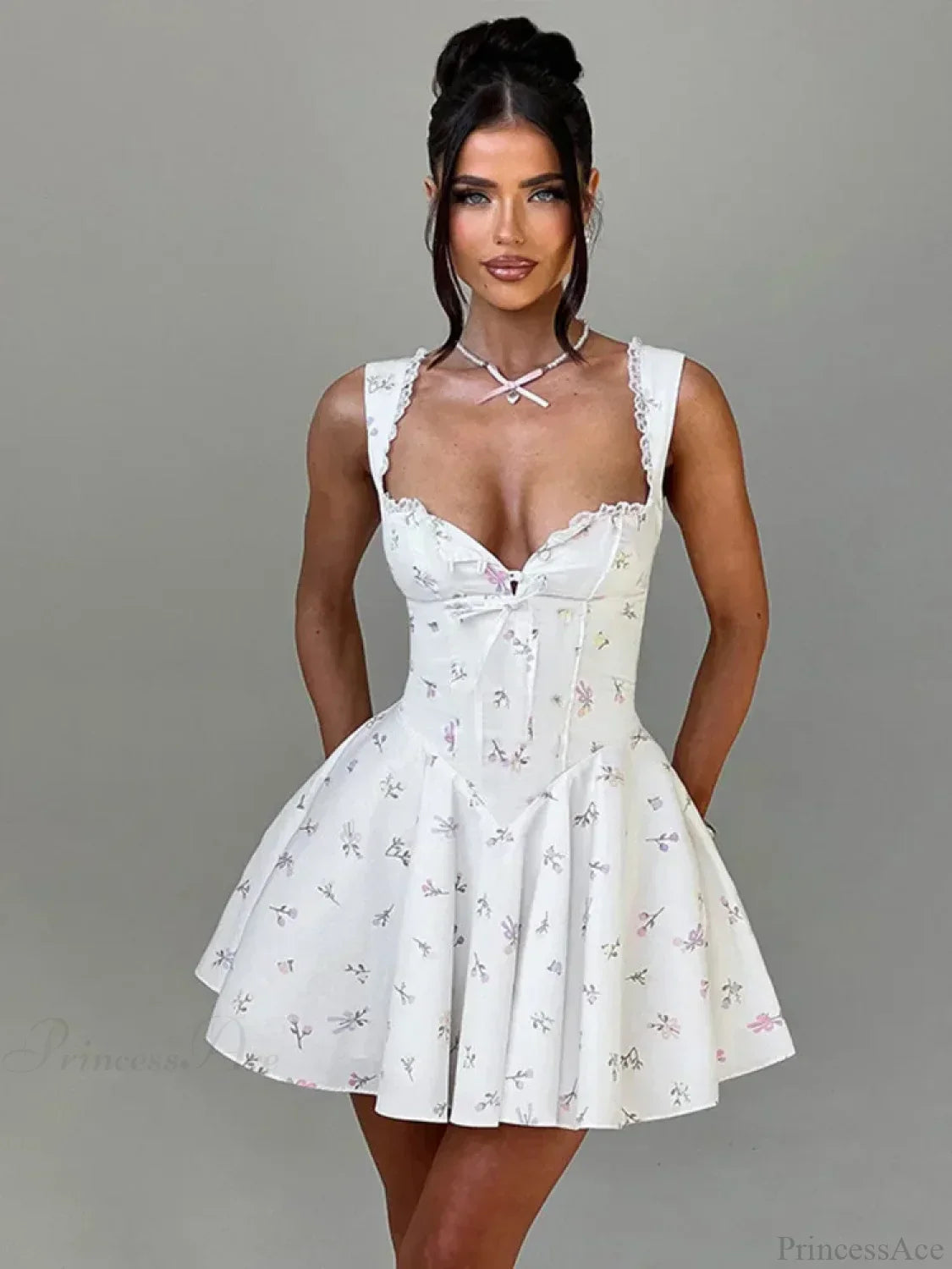 Ditsy Floral Lace Trim Corset Basque Waist Tie Front Skater Mini Dress