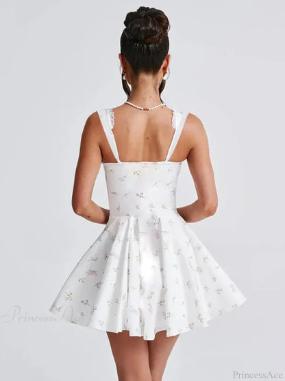 Ditsy Floral Lace Trim Corset Basque Waist Tie Front Skater Mini Dress