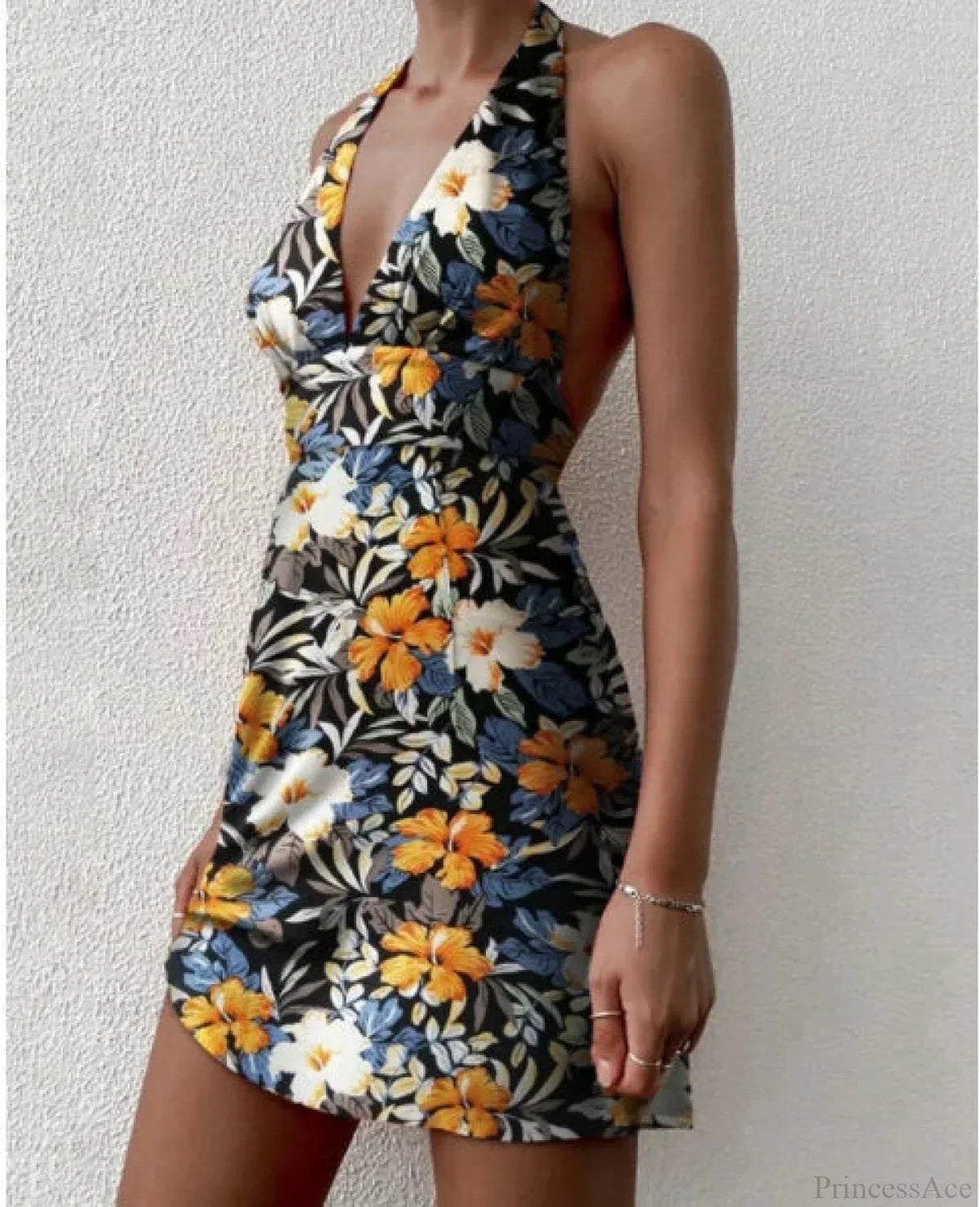 Halter Deep V Floral Print Backless Mini Dress