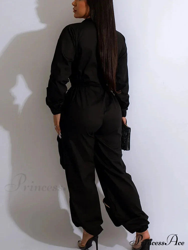 Deep V Shawl Collar Bishop Sleeve Jumpsuit