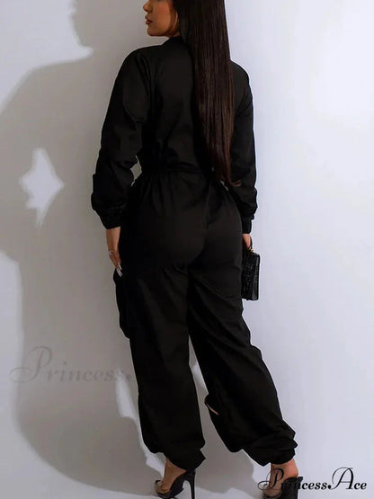 Deep V Shawl Collar Bishop Sleeve Jumpsuit