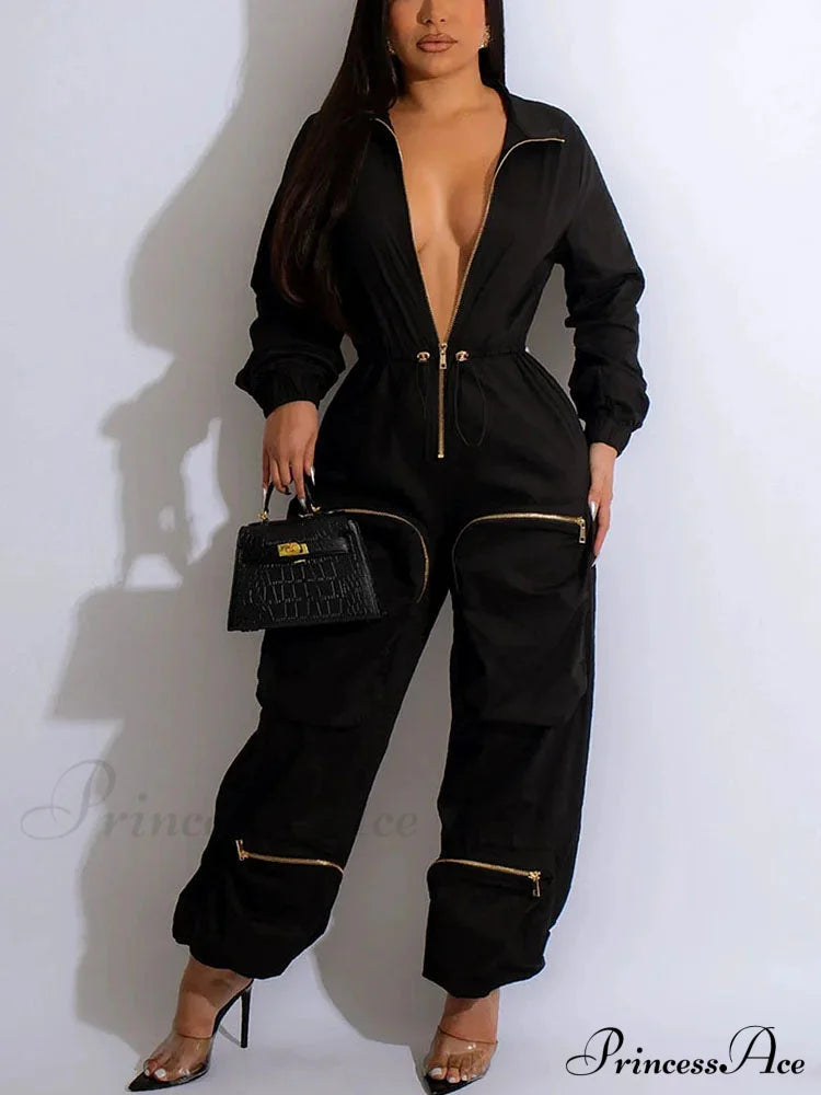 Deep V Shawl Collar Bishop Sleeve Jumpsuit