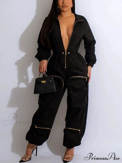 Deep V Shawl Collar Bishop Sleeve Jumpsuit