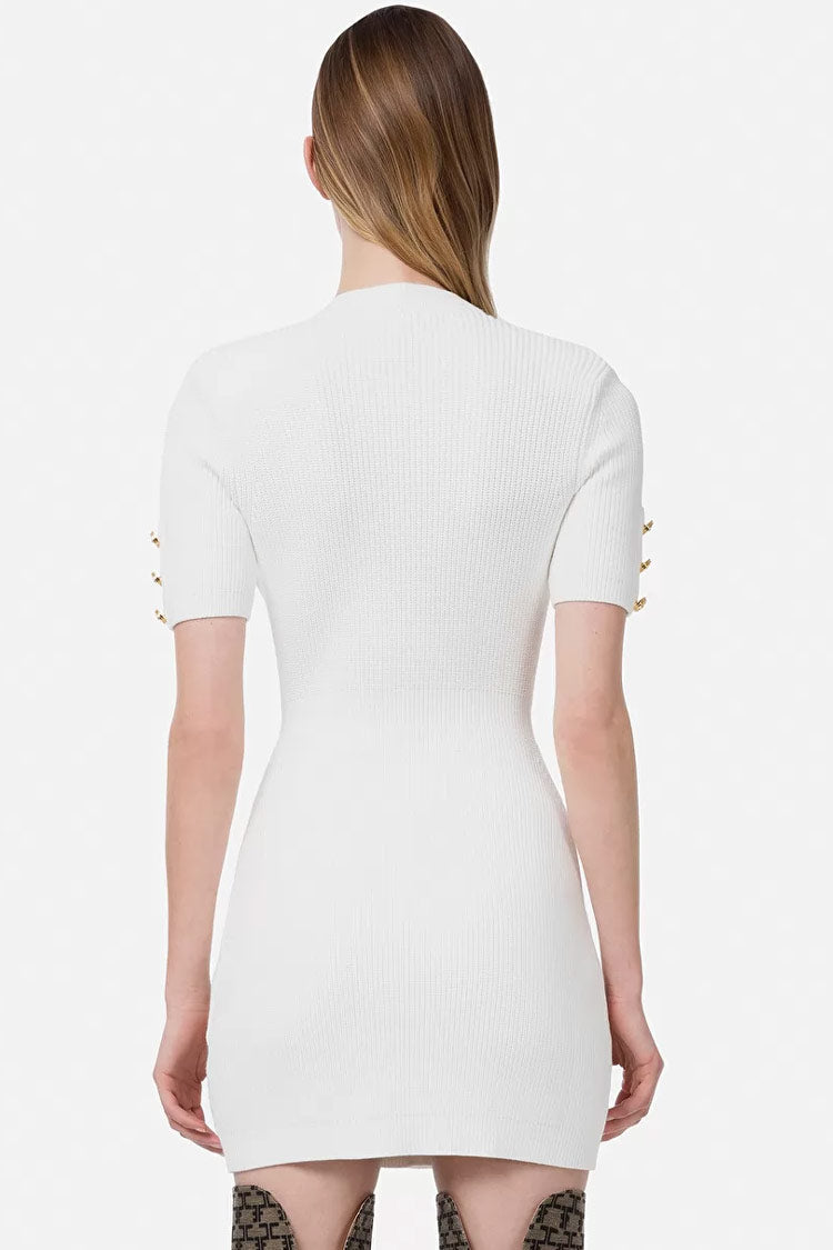 Ribbed Knit Deep V Double Breasted Button Trim Short Sleeve Mini Dress