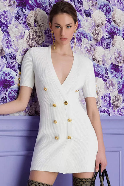 Ribbed Knit Deep V Double Breasted Button Trim Short Sleeve Mini Dress