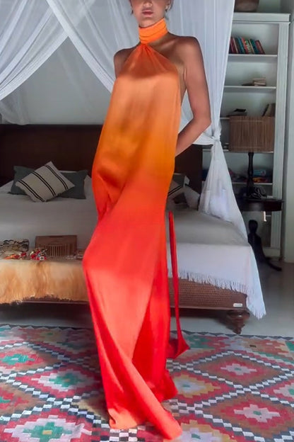 Chase The Sun Gradient Print High Neck Backless Tie-up Maxi Dress