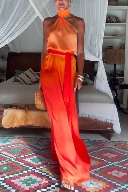 Chase The Sun Gradient Print High Neck Backless Tie-up Maxi Dress