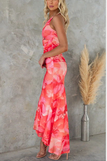 ® Deja Mesh Overlay Floral Print One Shoulder Ruched Stretch Maxi Dress