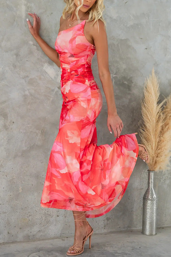 ® Deja Mesh Overlay Floral Print One Shoulder Ruched Stretch Maxi Dress