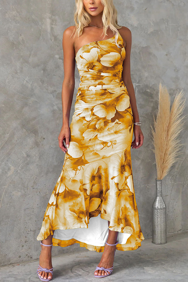 ® Deja Mesh Overlay Floral Print One Shoulder Ruched Stretch Maxi Dress