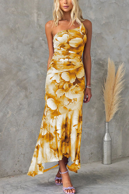 ® Deja Mesh Overlay Floral Print One Shoulder Ruched Stretch Maxi Dress