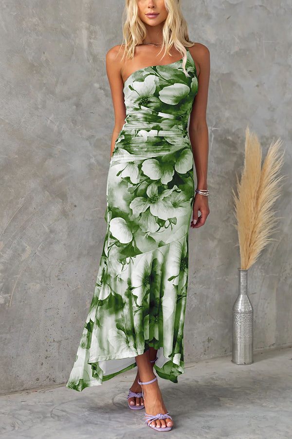 ® Deja Mesh Overlay Floral Print One Shoulder Ruched Stretch Maxi Dress