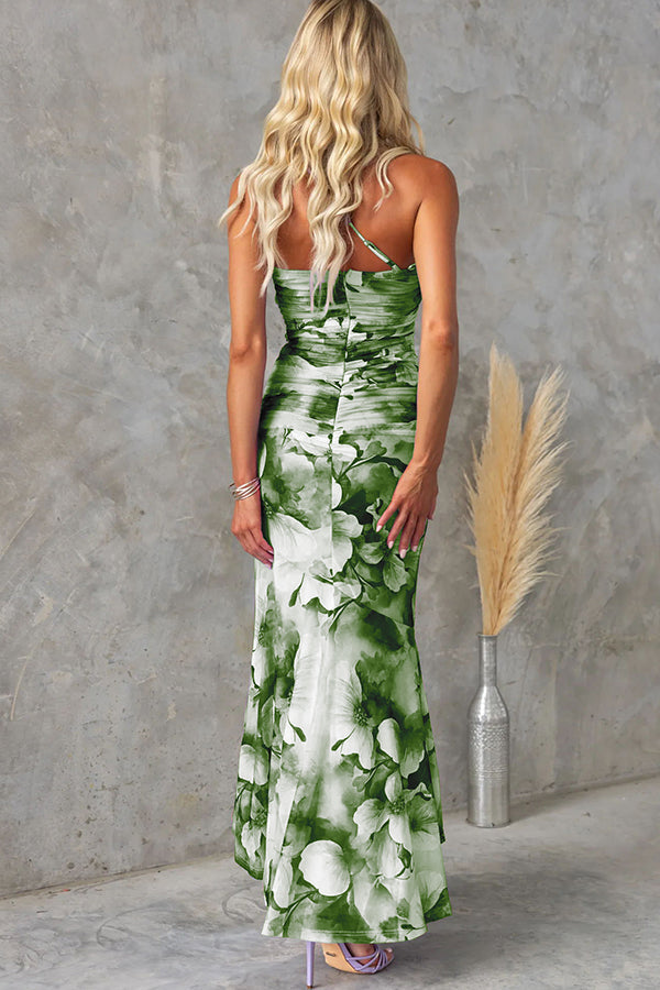 ® Deja Mesh Overlay Floral Print One Shoulder Ruched Stretch Maxi Dress