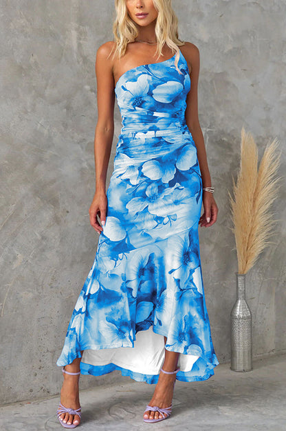 ® Deja Mesh Overlay Floral Print One Shoulder Ruched Stretch Maxi Dress