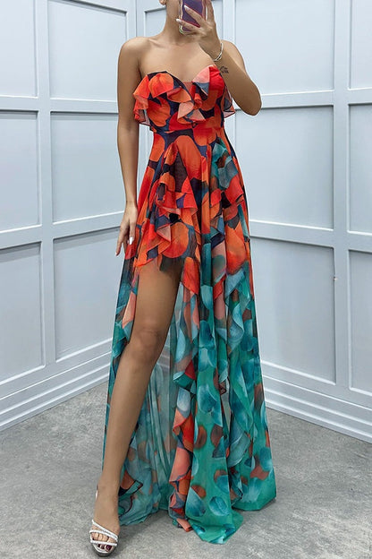 Loving Moment Gradient Unique Print Flowing Layered Ruffles Strapless Slit Maxi Dress