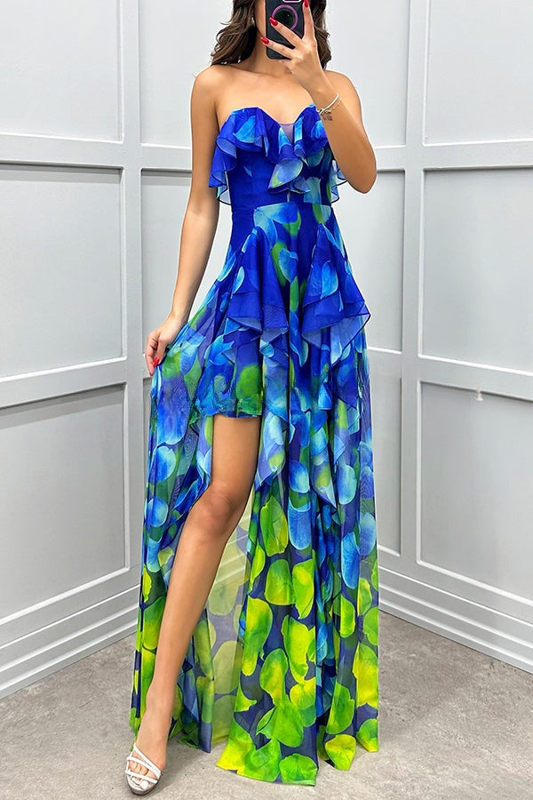 Loving Moment Gradient Unique Print Flowing Layered Ruffles Strapless Slit Maxi Dress