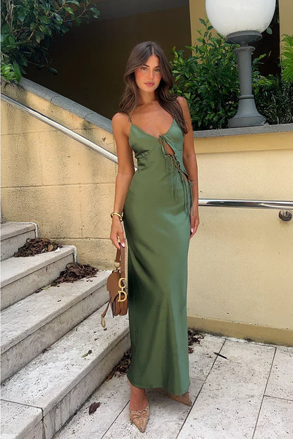 Deep V-Neck Spaghetti Strap Satin Tie Side Cutout Bodycon Maxi Dress