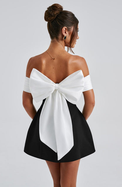 Off Shoulder Folded Satin Bust A Line Panel Mini Dress