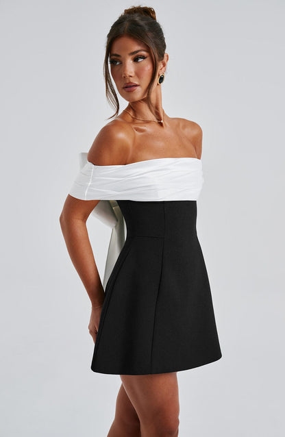 Off Shoulder Folded Satin Bust A Line Panel Mini Dress